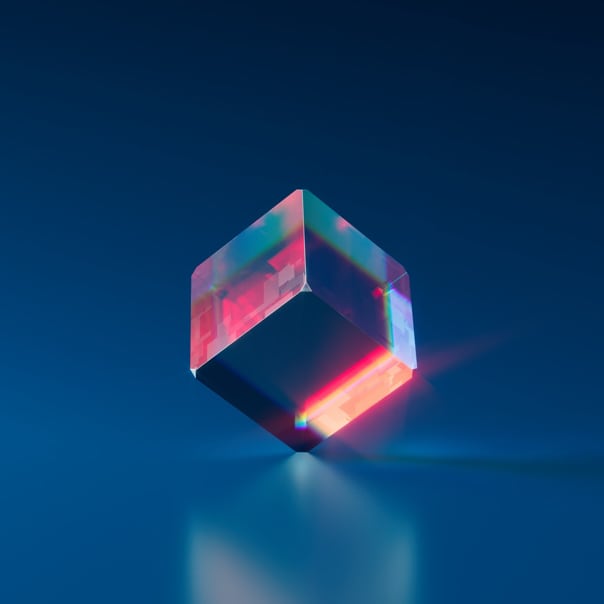 show of a crystal cube with transparency and some colors like red